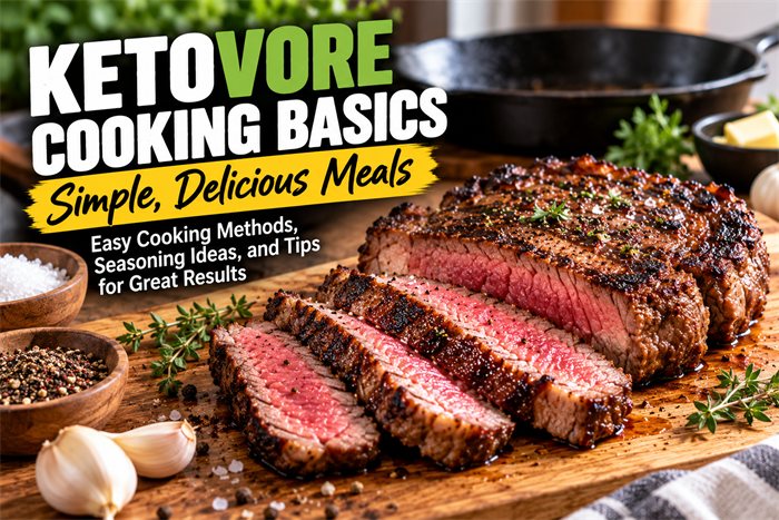 ketovore-cooking-basics Sliced medium-rare steak with herbs and seasonings illustrating simple ketovore cooking basics