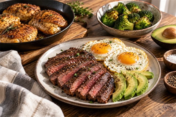 Simple ketovore meal with steak, eggs, and avocado prepared for an easy low-carb week