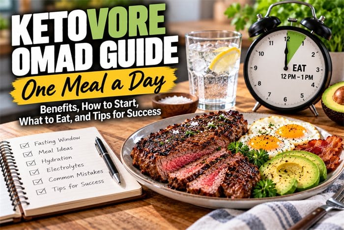 ketovore-omad-guide Ketovore OMAD guide featuring steak, eggs, avocado, and a clock representing one meal a day