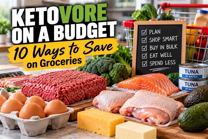 ketovore-on-a-budget Affordable ketovore groceries including ground beef, eggs, chicken thighs, canned tuna, and cheese